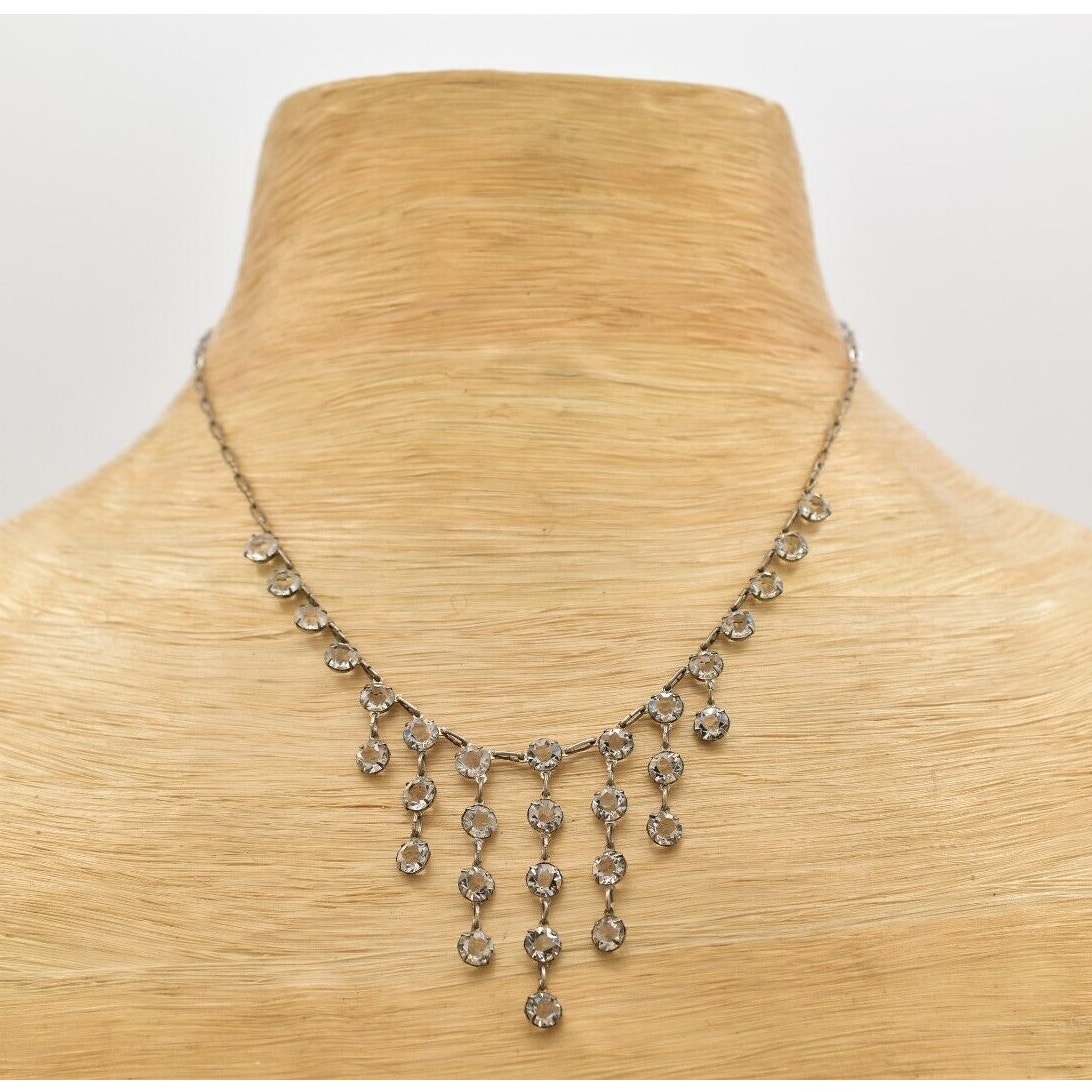Vintage Sterling Crystal Collar Necklace Open Bezel Chain Dangle Bib Shiny Bin8 70$